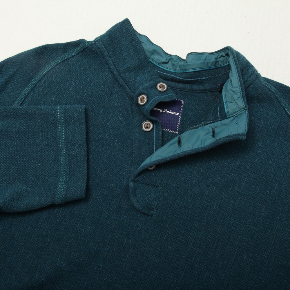 Tommy Bahama Sweater Mens XL Teal Blue Long Sleeve Mock Neck Snap Pullover